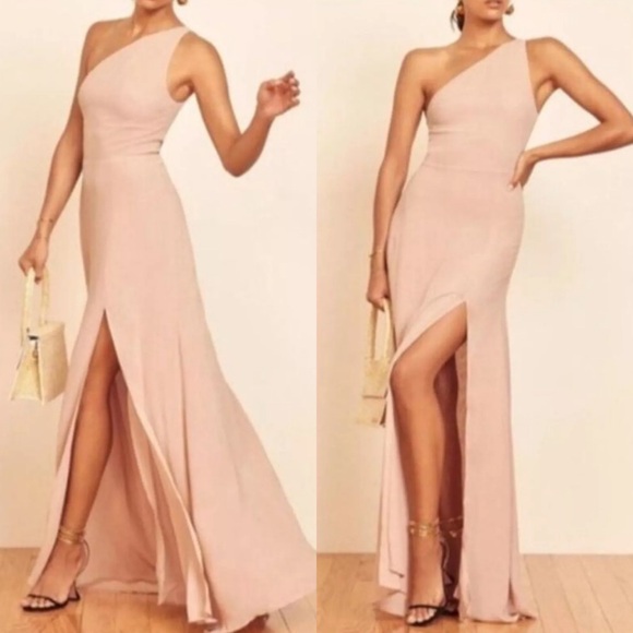 Reformation Dresses & Skirts - Reformation Evelyn One Shoulder Slit Maxi Dress Gown in Champagne Size 2 NWT